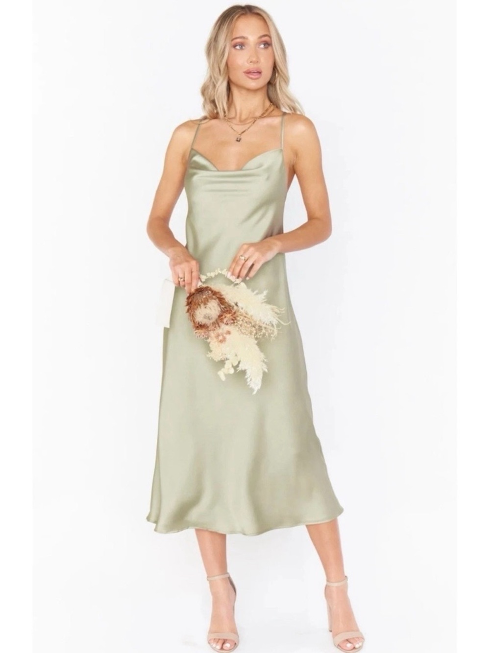 Show Me Your Mumu Verona Cowl Moss Green Luxe Satin Midi Bridesmaid‎ Dress